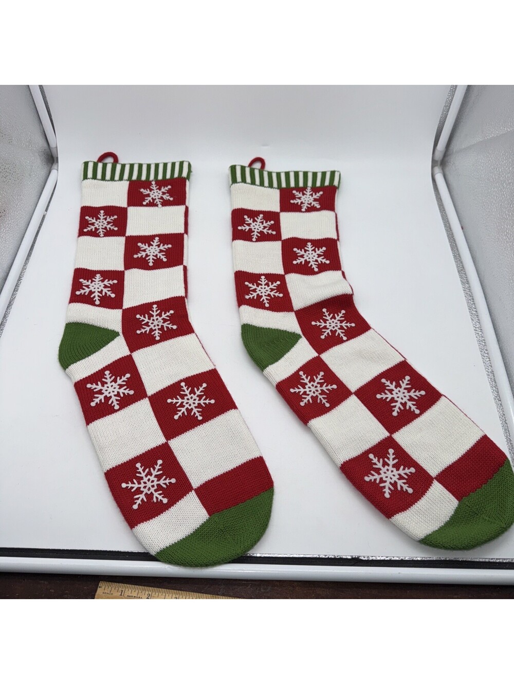 Knitted Christmas Stocking Red White Checkered With Snowflake Appliqué 24” Long
